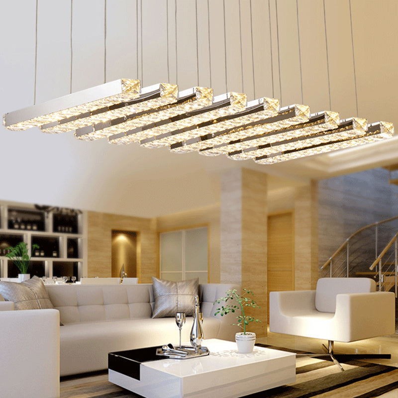 Rectangular Chandelier Pendant Light Minimalist Crystal Dining Room LED Hanging Light in Stainless-Steel