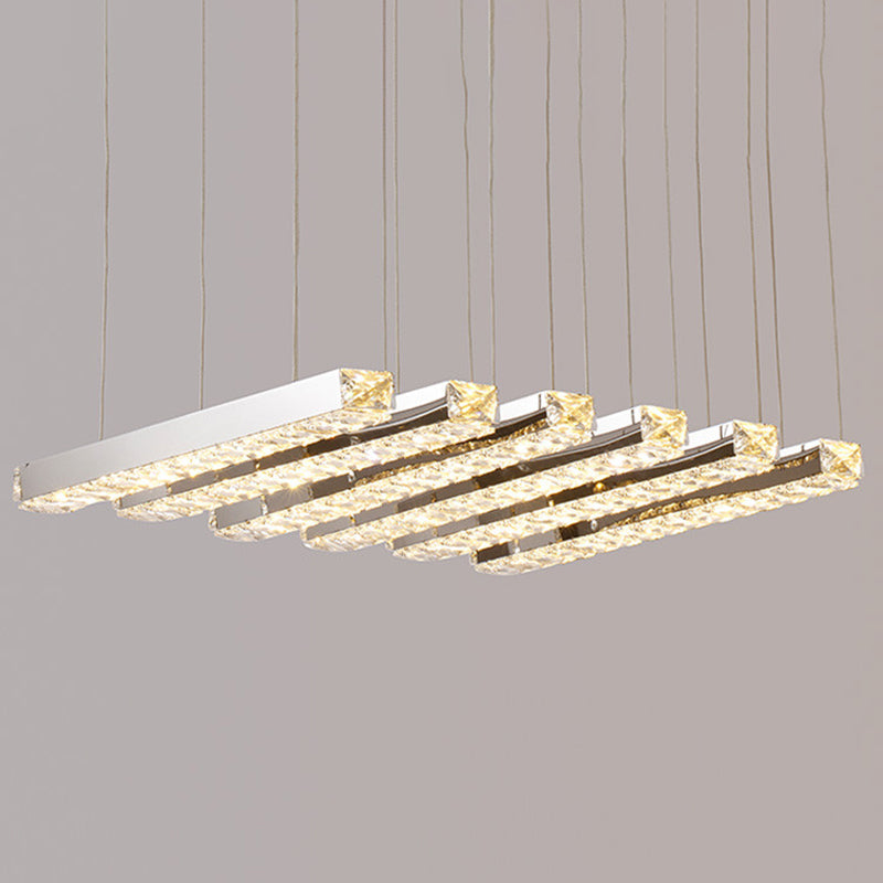 Rectangular Chandelier Pendant Light Minimalist Crystal Dining Room LED Hanging Light in Stainless-Steel