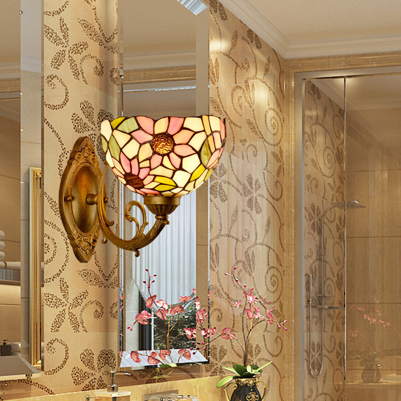 Sunflower Pattern Wall Mount Light Tiffany Stained Glass Single Gold Wall Light Fixture with Bowl Shade