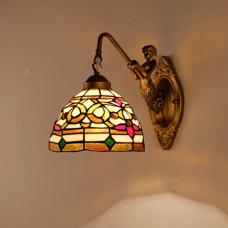 Dome Shade Floral Stained Glass Wall Light Fixture Decorative Single Gold Wall Mounted Lamp