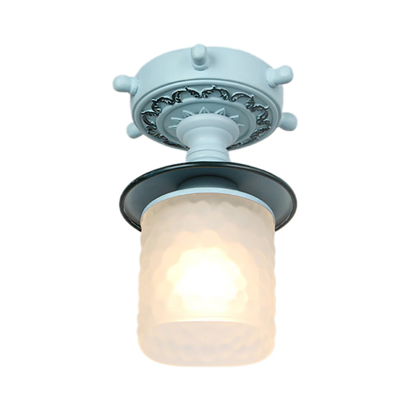 Frosted Glass Cylinder Semi Flush Light Modernist 1 Light Ceiling Light Fixture with Rudder Canopy in Green/White