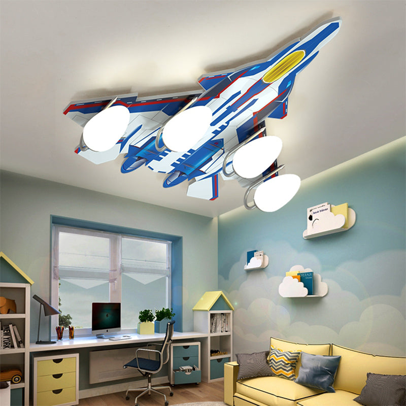 Acabado azul/verde Avión al ras del colgante Luz modernista 4 luces Lámpara de techo de plástico y ópalo para la habitación de los niños