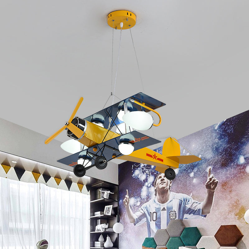Blue/Yellow Prop Plane Chandelier Lighting Cartoon Style 7 Lights Metallic Hanging Ceiling Fixture for Bedroom