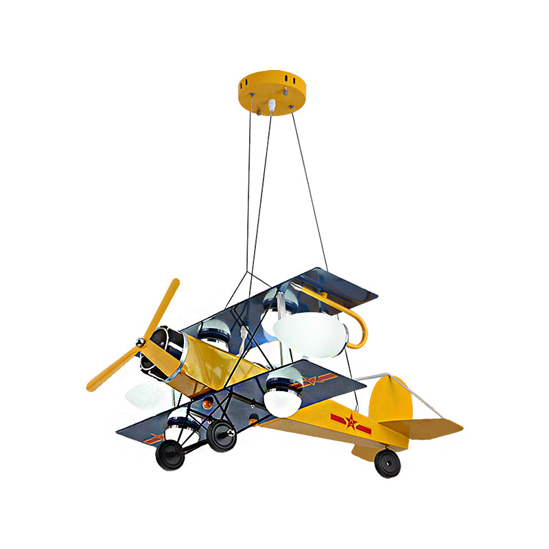 Blue/Yellow Prop Plane Chandelier Lighting Cartoon Style 7 Lights Metallic Hanging Ceiling Fixture for Bedroom