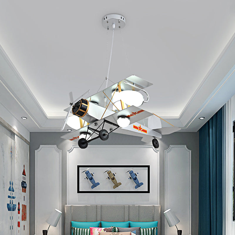 Blue/Yellow Prop Plane Chandelier Lighting Cartoon Style 7 Lights Metallic Hanging Ceiling Fixture for Bedroom