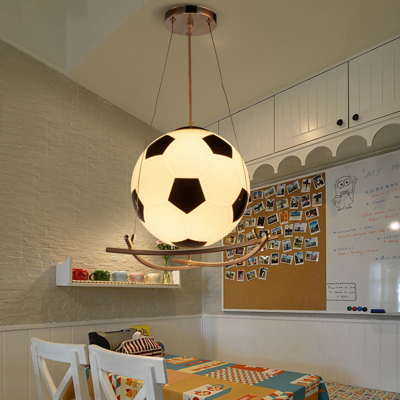 Soccer Design Pendant Light Fixture Cartoon Style Black and White Glass 1 Light Bedroom Hanging Lamp