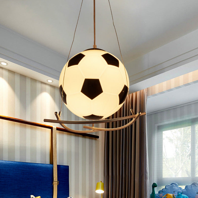 Soccer Design Pendant Light Fixture Cartoon Style Black and White Glass 1 Light Bedroom Hanging Lamp