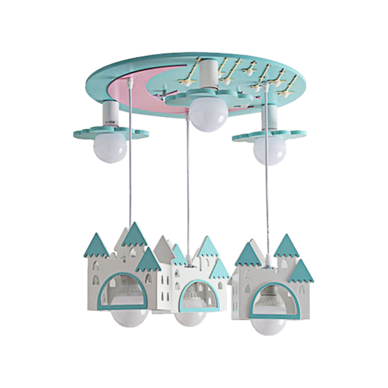6 Lights Bedroom Cluster Pendant Light Kids Green Ceiling Light Fixture with Castle Wood Shade