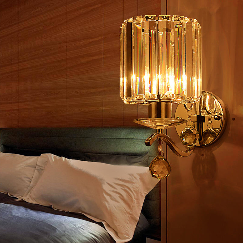 Chrome Cylinder Wall Sconce Modernist 1 Bulb Clear Crystal Wall Lighting with Orbit Drop
