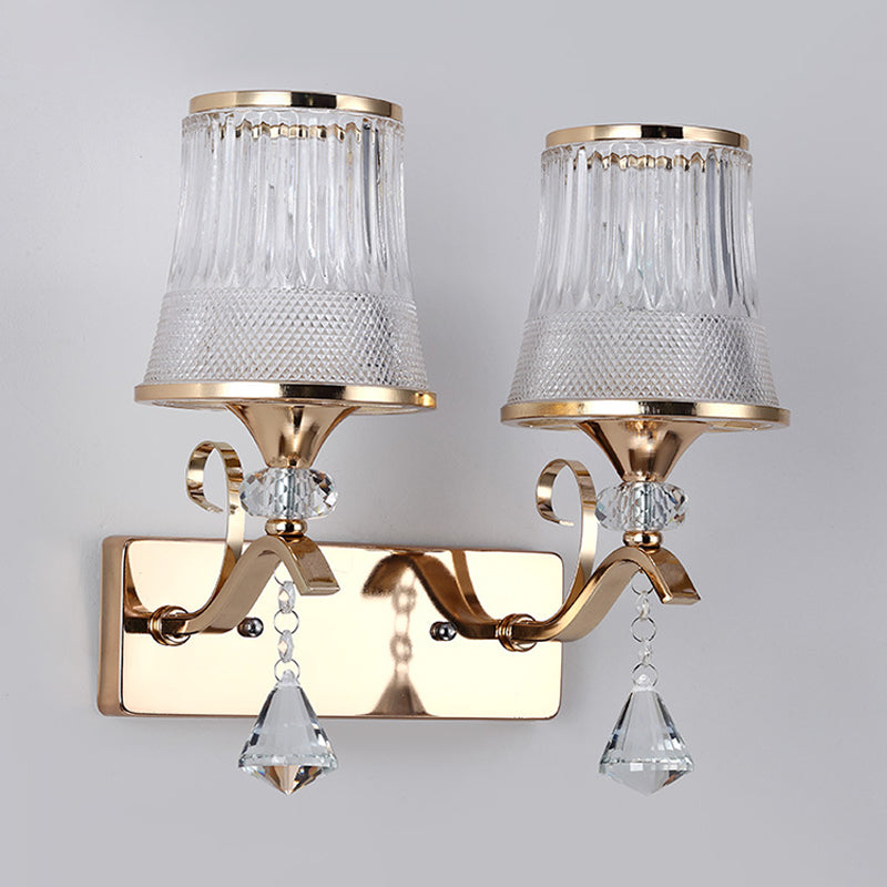 Vintage stijl bell sconce verlichtingsarmatuur helder glas 2 lichten slaapkamer gouden afwerking wandlamp met kristal accent