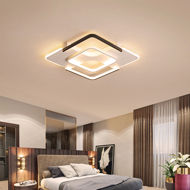 Squared Bedroom Ceiling Flush Light Black-White Metal Contemporary 16"/19.5" Wide LED Flushmount Lighting in Warm/White Light