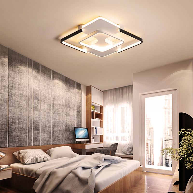 Squared Bedroom Ceiling Flush Light Black-White Metal Contemporary 16"/19.5" Wide LED Flushmount Lighting in Warm/White Light