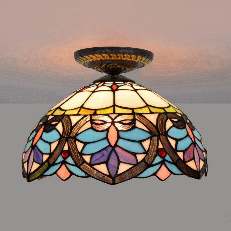Plafonnier à 1 lumière de 8,5 po/12 po de largeur, luminaire de plafond en verre taillé à motifs de fleurs victoriennes en laiton avec abat-jour globe/dôme