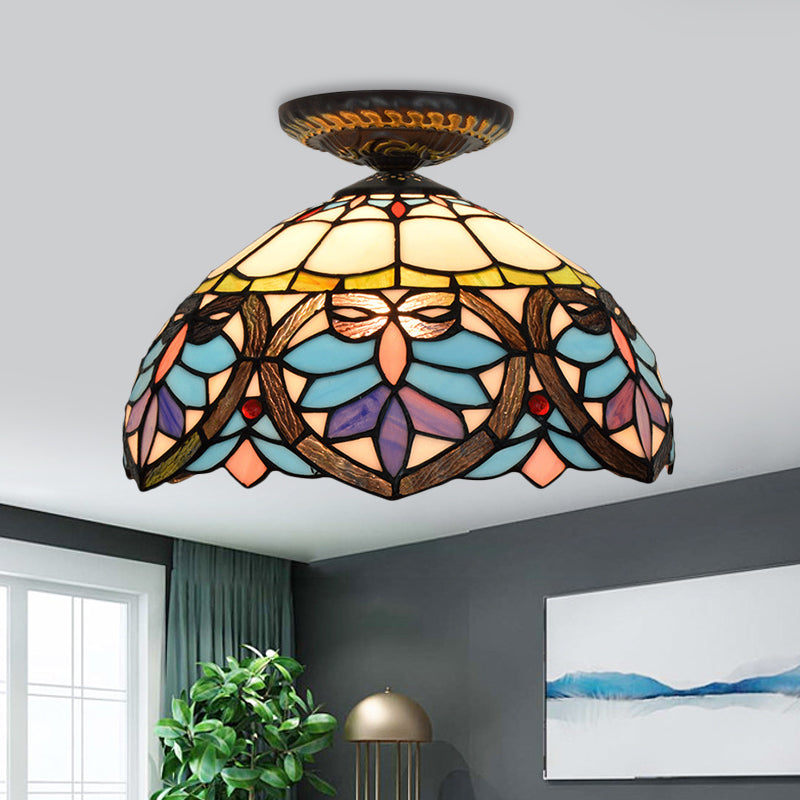Plafonnier à 1 lumière de 8,5 po/12 po de largeur, luminaire de plafond en verre taillé à motifs de fleurs victoriennes en laiton avec abat-jour globe/dôme