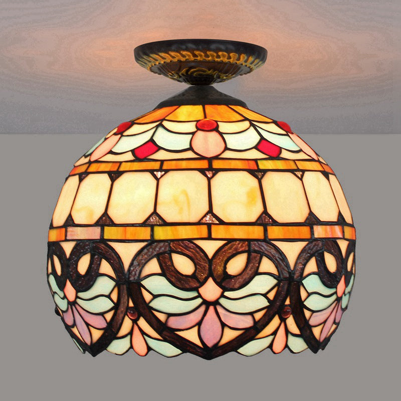 Plafonnier à 1 lumière de 8,5 po/12 po de largeur, luminaire de plafond en verre taillé à motifs de fleurs victoriennes en laiton avec abat-jour globe/dôme