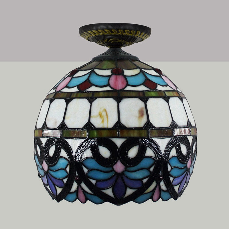 Plafonnier à 1 lumière de 8,5 po/12 po de largeur, luminaire de plafond en verre taillé à motifs de fleurs victoriennes en laiton avec abat-jour globe/dôme