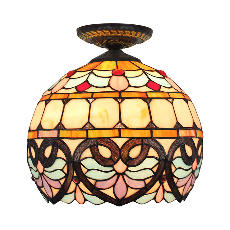 Plafonnier à 1 lumière de 8,5 po/12 po de largeur, luminaire de plafond en verre taillé à motifs de fleurs victoriennes en laiton avec abat-jour globe/dôme