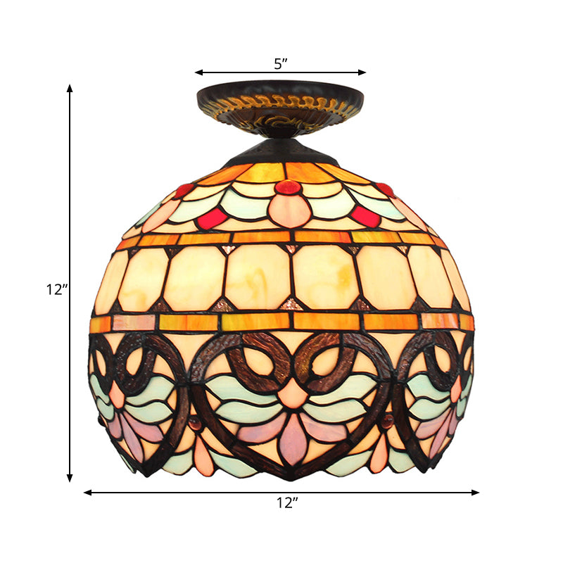 Plafonnier à 1 lumière de 8,5 po/12 po de largeur, luminaire de plafond en verre taillé à motifs de fleurs victoriennes en laiton avec abat-jour globe/dôme