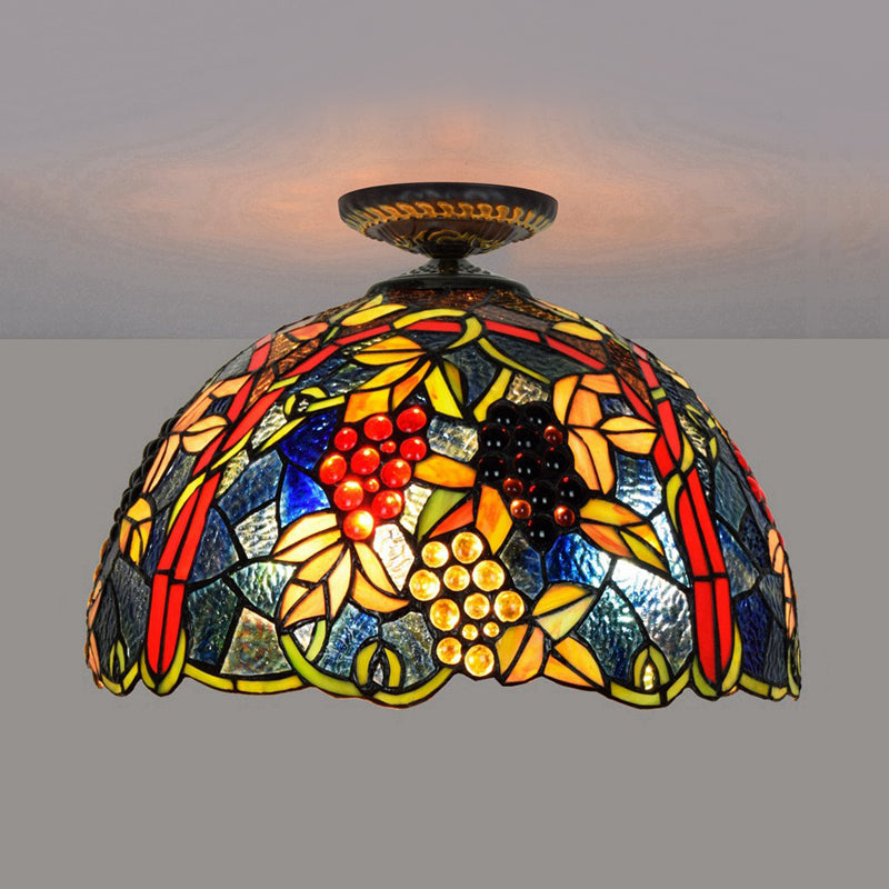 12"/16.5" W Victorian Domed Flush Ceiling Light 1 Light Stained Glass Lighting Fixture in Brass with Grape Pattern