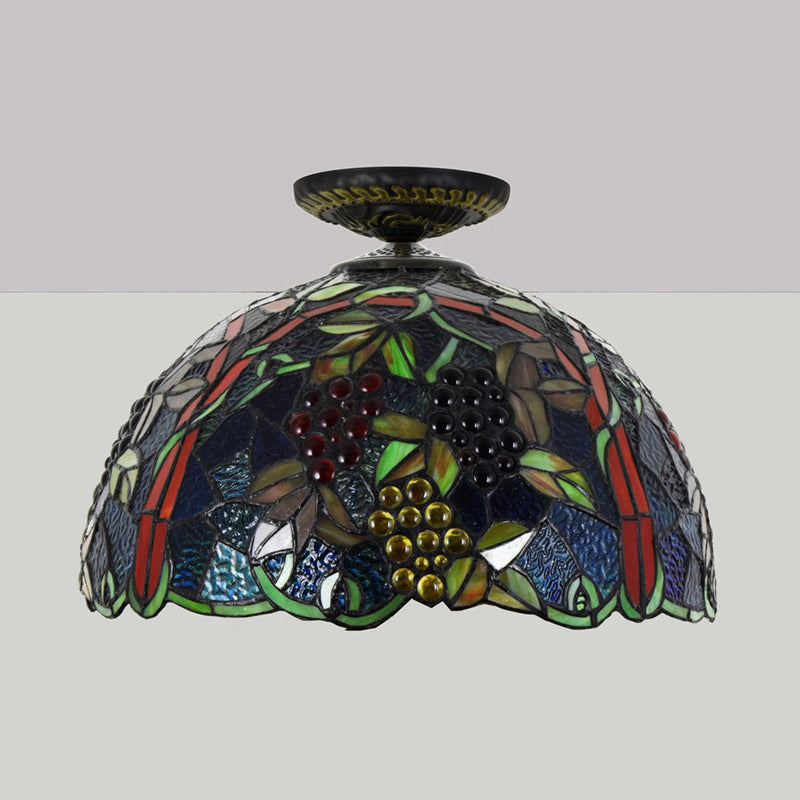 12"/16.5" W Victorian Domed Flush Ceiling Light 1 Light Stained Glass Lighting Fixture in Brass with Grape Pattern