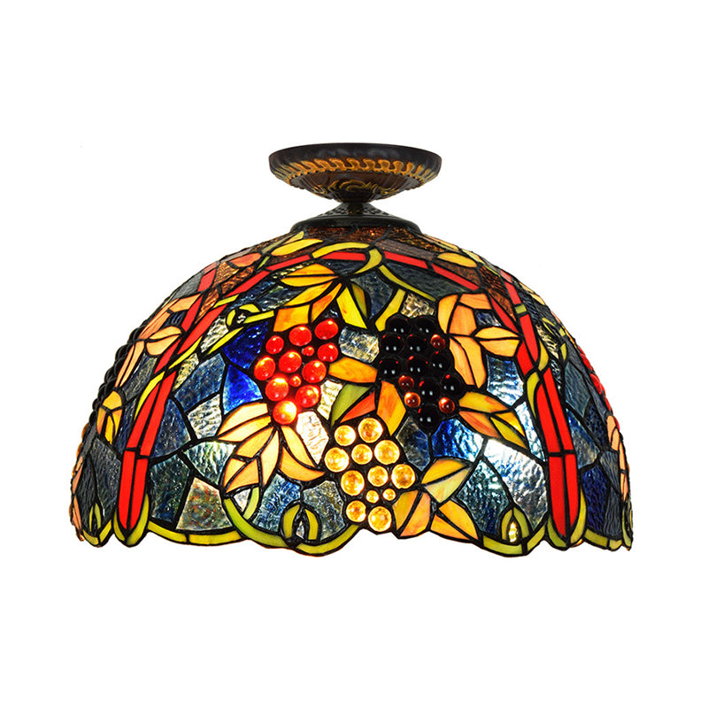 12"/16.5" W Victorian Domed Flush Ceiling Light 1 Light Stained Glass Lighting Fixture in Brass with Grape Pattern