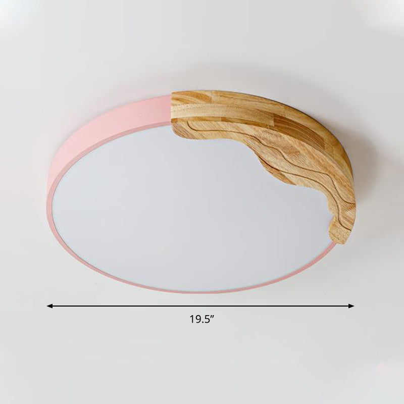 Lampe encastrée ronde rose plafonnier acrylique LED de style macaron moderne avec décoration en bois, largeur 16 "/ 19,5"