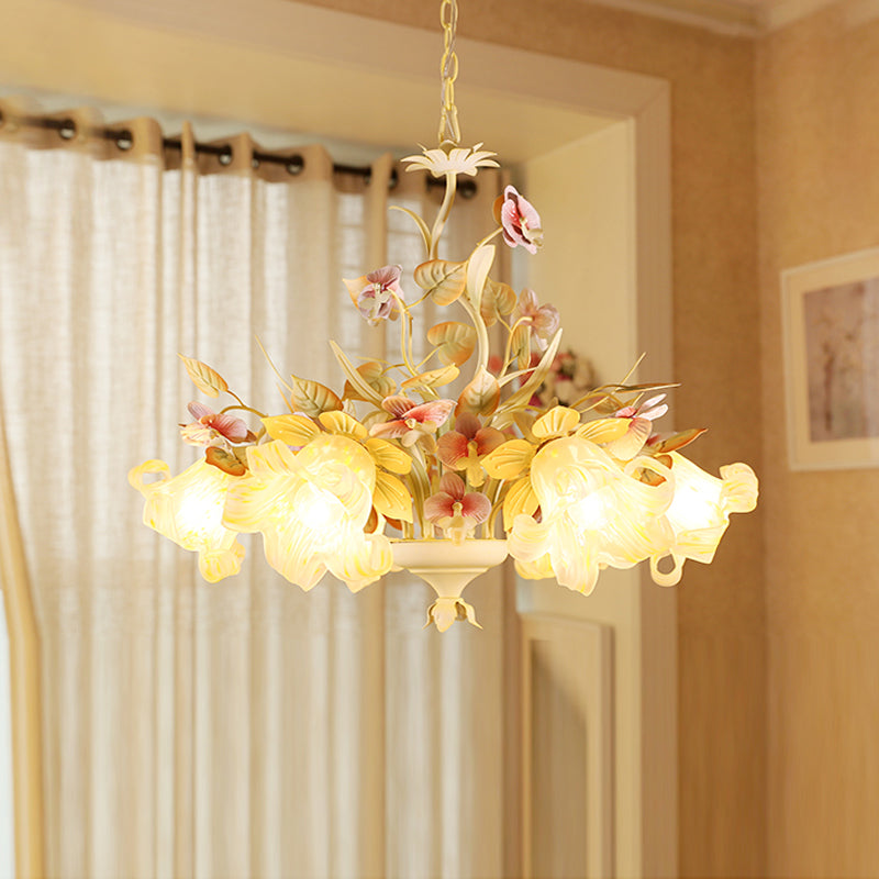 Starburst White Glass Chandelier Countryside 3/6-Bulb Bedroom Pendant with Flower and Leaf Decor