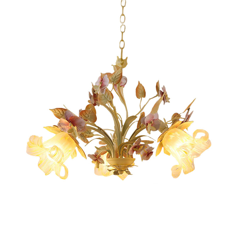 Starburst White Glass Chandelier Countryside 3/6-Bulb Bedroom Pendant with Flower and Leaf Decor