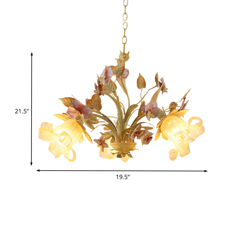 Starburst White Glass Chandelier Countryside 3/6-Bulb Bedroom Pendant with Flower and Leaf Decor