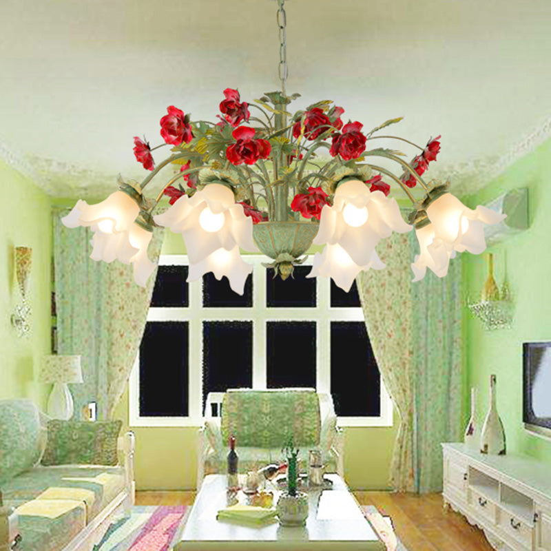 Green Spread Hanging Pendant Pastoral Style Cream Glass 3/5/8-Head Dining Room Flower Chandelier