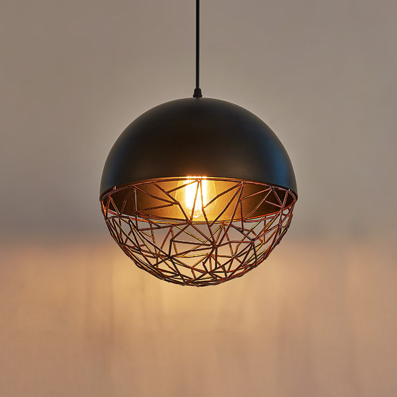 Iron Domed Hanging Ceiling Light Factory 1 Light Dining Room Down Lighting in Black with Wire Cage