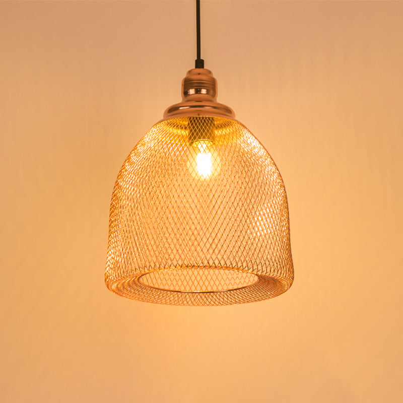 1 Bulb Globe/Dome Cage Pendant Lamp Industrial Rose Gold Finish Metal Down Lighting for Dining Room