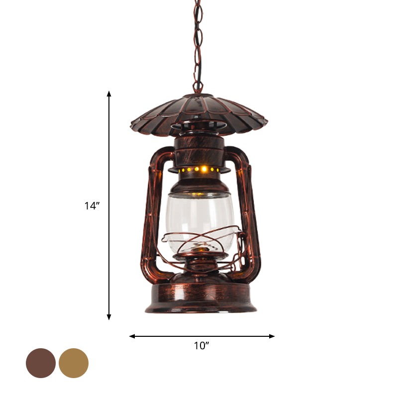 1-Head Hanging Lamp Coastal Restaurant Metal Pendant Lighting with Kerosene Clear Glass Shade in Brass/Copper