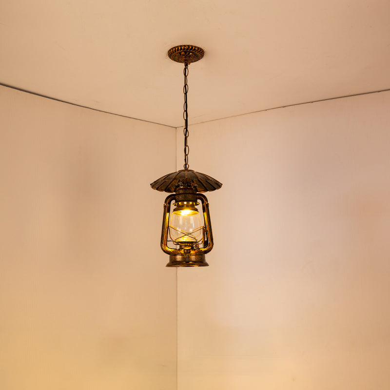 1-Head Hanging Lamp Coastal Restaurant Metal Pendant Lighting with Kerosene Clear Glass Shade in Brass/Copper