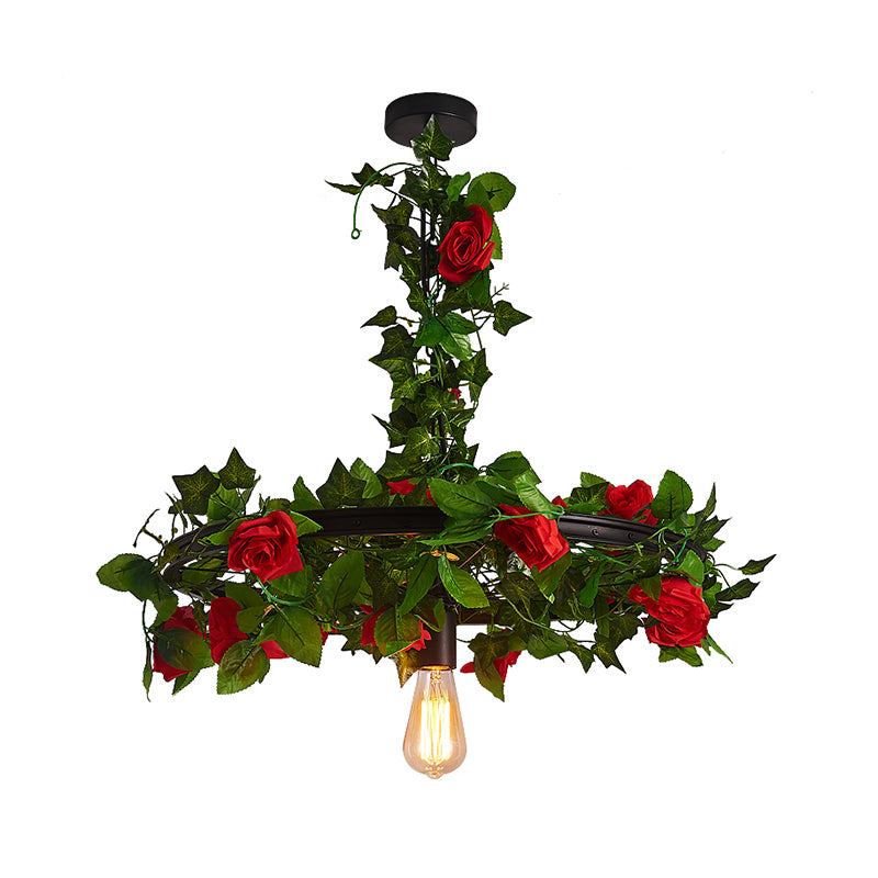 Black Wagon Wheel Ceiling Lamp Farmhouse Metallic 10"/15"/19" W 1-Light Restaurant Pendant Lighting Fixture with Plant Deco