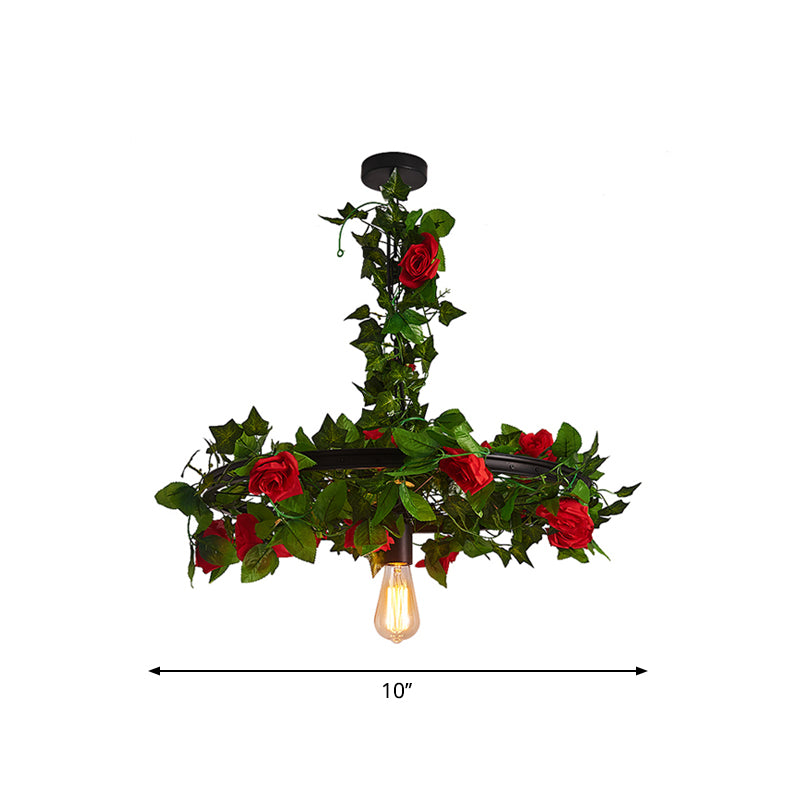 Black Wagon Wheel Ceiling Lamp Farmhouse Metallic 10"/15"/19" W 1-Light Restaurant Pendant Lighting Fixture with Plant Deco