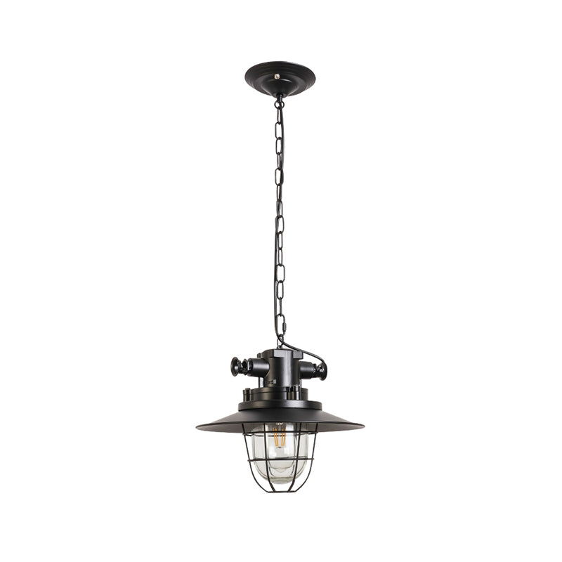 1-Head Wire Cage Pendant Light Industrial Black Metal Suspension Lamp with Clear Glass Shade