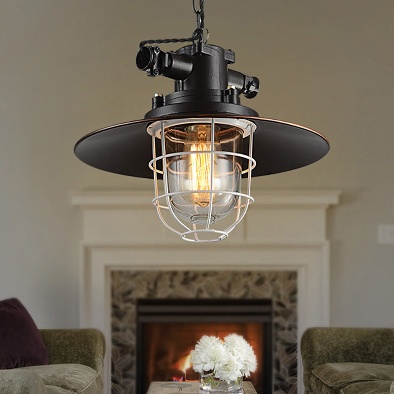 1-Head Wire Cage Pendant Light Industrial Black Metal Suspension Lamp with Clear Glass Shade