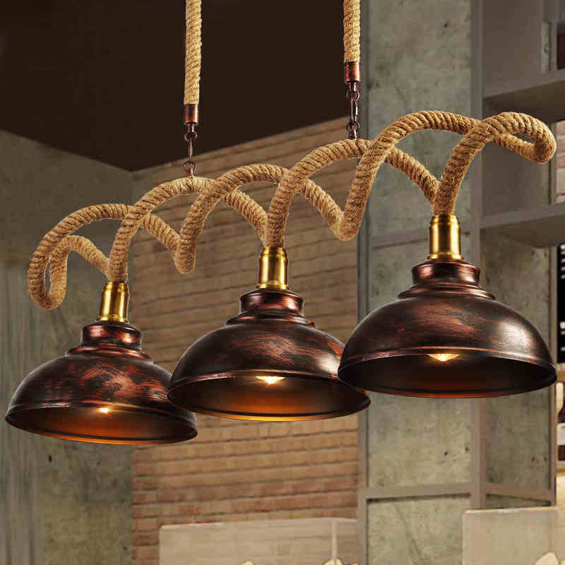 3 lichten Dome Island Light Vintage Rust Finish Metallic Hanging Lamp Kit met draai touwsnoer