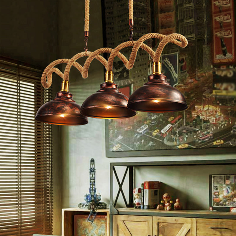 3 Lights Dome Island Light Vintage Rust Finish Metallic Hanging Lamp Kit with Twist Rope Cord