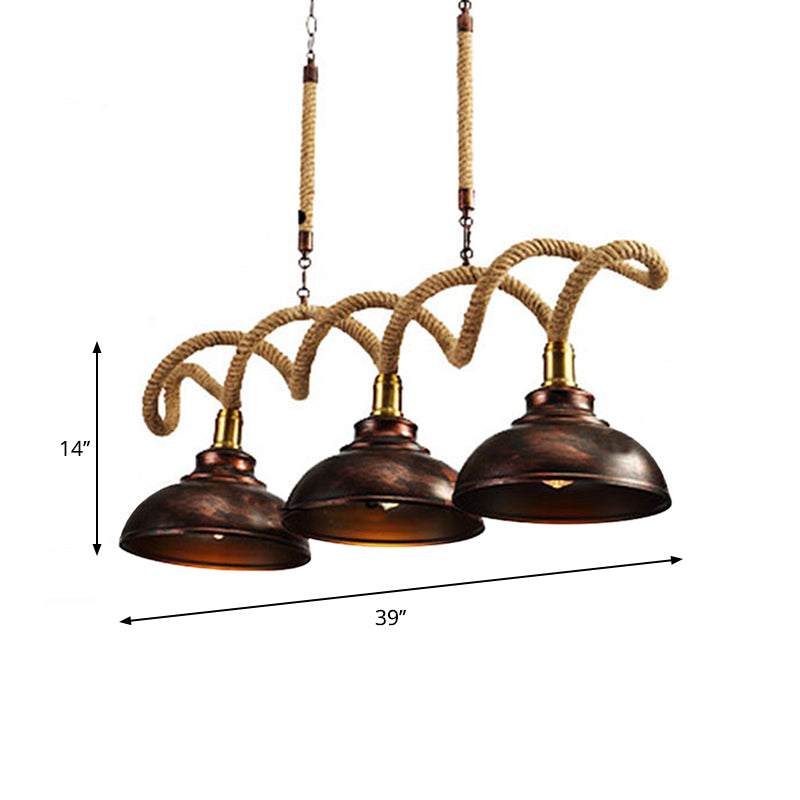 3 lichten Dome Island Light Vintage Rust Finish Metallic Hanging Lamp Kit met draai touwsnoer