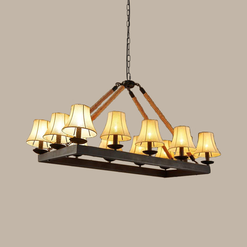 12 Lights Fabric Island Lamp Loft Style Black Conical Restaurant Rope Pendant with Iron Rectangle Frame