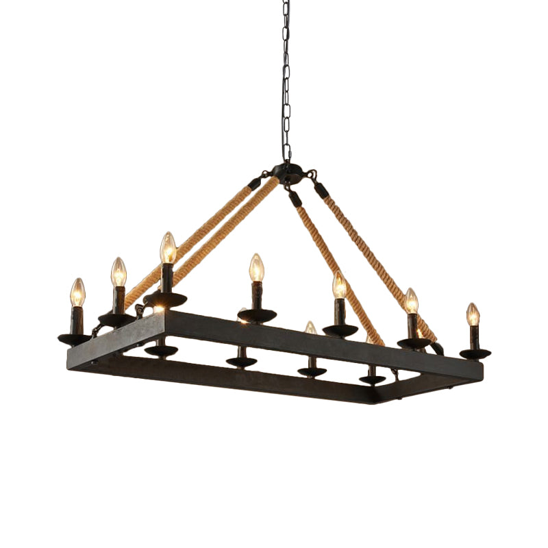 10 Heads Rope Hanging Island Light Industrial Rectangle Metal Hanging Lamp in Black with Candle Design