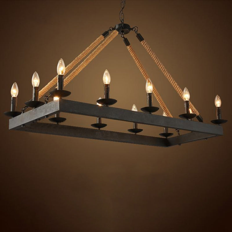 10 Heads Rope Hanging Island Light Industrial Rectangle Metal Hanging Lamp in Black with Candle Design