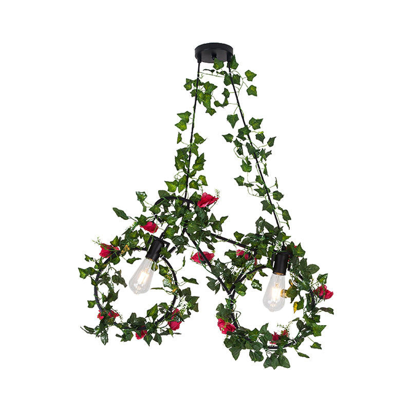 Black 2 Heads Cluster Pendant Farm Style Metal Bicycle Shaped Down Lighting with Plant Deco