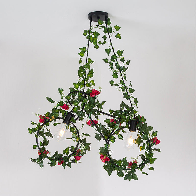 Black 2 Heads Cluster Pendant Farm Style Metal Bicycle Shaped Down Lighting with Plant Deco