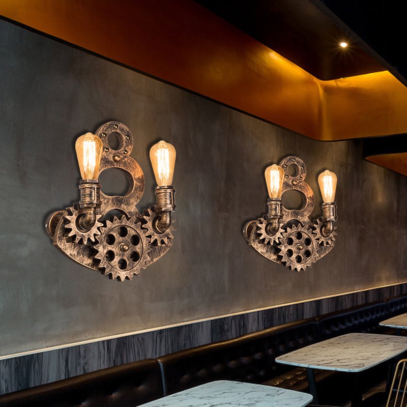 Bare Bulb Wall Lighting Ideas Vintage Metal 2 Lights Brass Wall Mount Light Fixture with Gear Deco