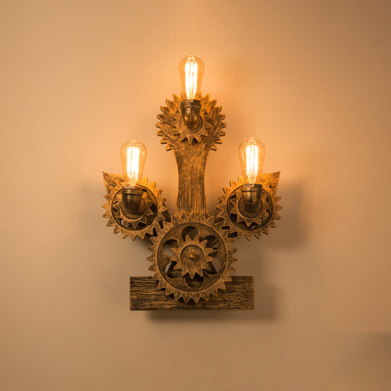 Open Bulb Metal Wall Lamp Farm 3 Heads Living Room Sconce Light in Brass with Gear and Anchor Backplate