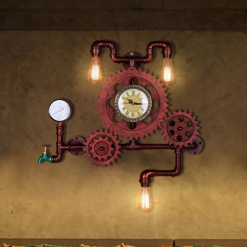 Rust Open Bulb Wall Lighting Factory Metal 2/3-Light Restaurant Sconce with Pipe and Gear Design