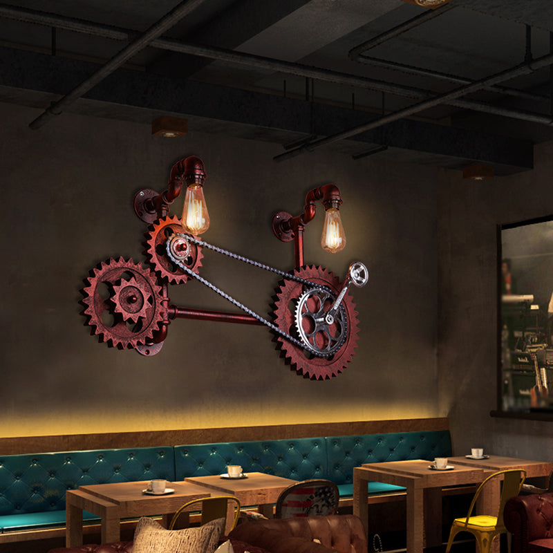 Rust Open Bulb Wall Lighting Factory Metal 2/3-Light Restaurant Sconce with Pipe and Gear Design